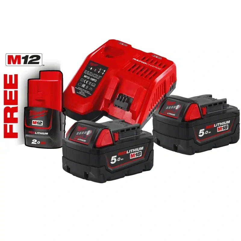 Aku nabíjecí sada Milwaukee M18 NRG-502, 2x aku M18 B5 + 1x M12 B2 + M12-18 FC, 4933459217
