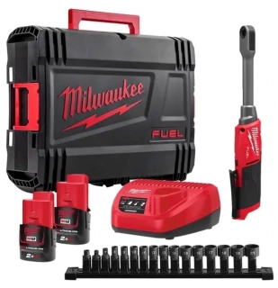 Aku 1/4" průchozí ráčnový utahovák Milwaukee M12 FPTR-202X, 81 Nm, prodloužená HEX ráčna INSIDER, 2x aku M12 B2 + C12 C, 4933499411